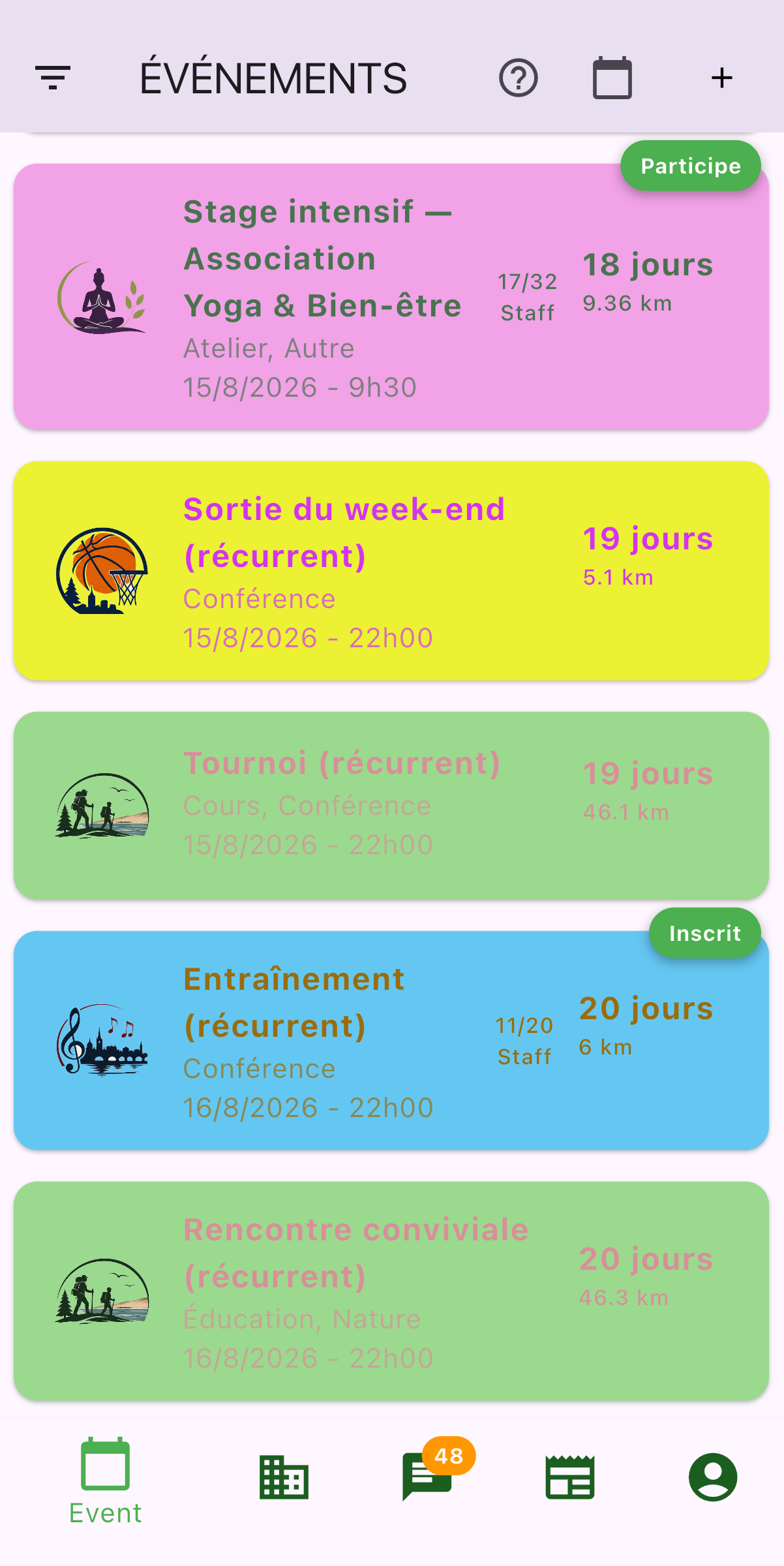 Liste des événements